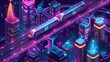 Future city isometric banner with speed trains riding on bridges with highways and glowing skyscrapers around. Modern illustration of futuristic cityscape with neon glow skyscrapers illumination.