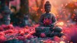 Serene Buddha Statue Amid Blossoming Lotus Flowers in Ethereal Red Lighting