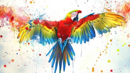 3d illustration of colorful watercolor a parrot bird flying with paint splashes style. AI generated