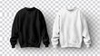 The mockup shows a black and white sweatshirt and a white long sleeved shirt isolated on a transparent background. Check out the mockup below for a realistic view of sweaters and pullovers in front