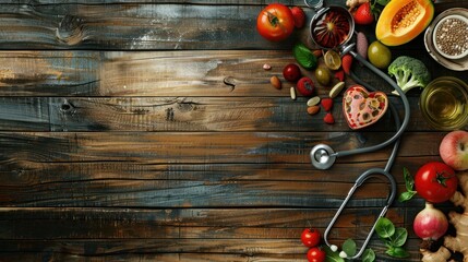 Wall Mural - Stethoscope with healthy food in heart shaped for diet at wooden board. AI generated image