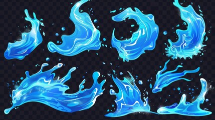 Poster - Blue liquid waves with swirls and drops. Modern realistic set of flowing and falling pure aqua waves isolated on transparent background.