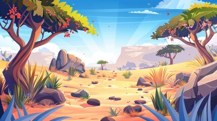 Wall Mural - A hot sand desert with stones, dune, grass, and blooming plants in a modern cartoon illustration.