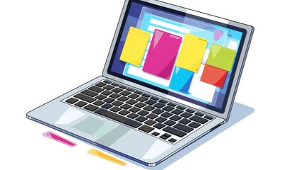 Poster - there are reminder cards stuck on the cover of an open laptop. cartoon modern illustration isolated 
