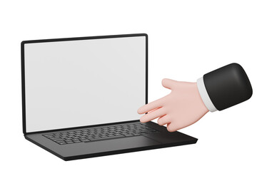 Fototapete - 3D Computer laptop device with hand on keyboard button. Typing on notebook. Minimal laptop with empty screen mockup isolated on purple background. 3D Rendering illustration.