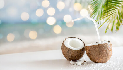 coconut on the beach ,Coconut juice on wooden table with beach and blue sky background., two halfs of coconut against sea at the sea sand beach