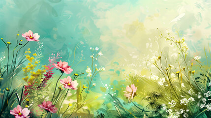  Beautiful spring flowers drawn on a background with space for text. Mother's Day, birthday, spring, flowers.