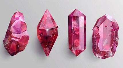 Poster - Ruby stones, shiny red crystals isolated on transparent background. Modern realistic set of 3D gemstones different shapes, rock minerals.