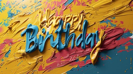 Canvas Print - a happy birthday sign painted on a yellow and blue background