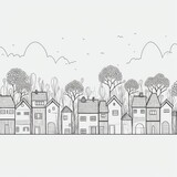 Fototapeta Tulipany - Whimsical One-Line Drawing Landscape with Houses, Trees, and Heart Generative AI