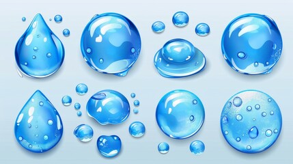 Poster - Isolated blue water drops and aqua spheres. Modern realistic icon set of liquid droplets and raindrops.