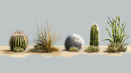 Wall Mural - Modern realistic set of flow sand, green desert plants, rolling dry bushes, old tumble grass in prairie with brown dust clouds and tumbleweed.