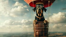 Pilot Dog Wearing A Costume Is Seen Inside A Hot Air Balloon Floating In The Sky. The Colorful Balloon Contrasts Against The Blue Sky Backdrop.