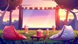 Animated cartoon illustration of an outdoor cinema with beanbag chairs, beer and popcorn buckets on a low table in front of a large outdoor screen at sunset.