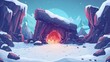 The mountain is a rocky landscape in winter with snow and rocks, leading into a dark underground cavern with a dark entrance. Modern illustration of the landscape with a cartoon illustration of