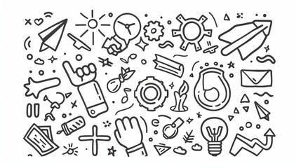 Poster - The set consists of doodle icons, outline business signs cogwheels, hand with puzzle piece, joint palms, negotiation, paper airplanes, high-five, handshake, raising arrows, success, and a set of