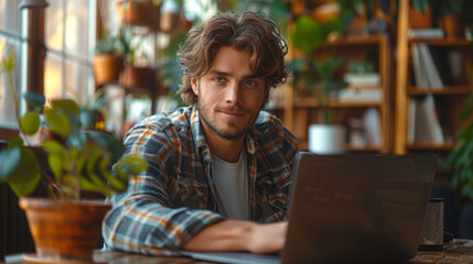 Wall Mural - Satisfied with work done. Happy young man working on laptop while sitting at his working place in office.