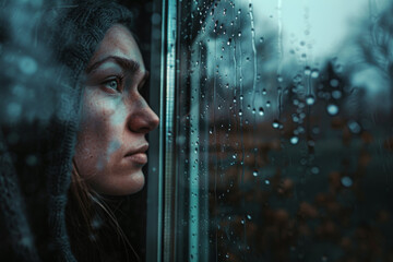 Wall Mural - A woman is looking out a window with raindrops on the glass