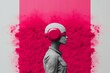 Abstract Persona: Modern Artwork of a Figure with Geometric Obscuration, Pink Eye Band, and Headphones, with Pink Powder Splashed Against a Vibrant Pink Background