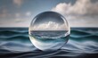 Ethereal Reflection: Ocean Ripples and Sky in Glass Sphere Generative AI