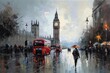 Vibrant London Street Scene with Big Ben, Couple, and Red Umbrella Generative AI