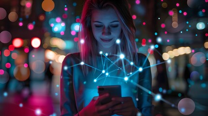 Aufkleber - young woman immersed in glowing social network connections. digital life concept in a city at night.