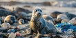 Young seal on the beach with plastic trash. AI generated illustration