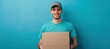 Delivery man in red uniform isolated on blue background, studio portrait. Male employee in cap t-shirt print working as courier dealer hold empty cardboard box. AI generated illustration