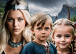 A beautiful Viking family in the background of a typical village