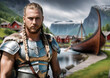 Historical characters - A Viking against the background of a village and a typical Viking ship