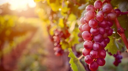 Canvas Print - Sun-drenched vineyard with lush grape clusters ready for harvest. Captivating natural scenery showcasing agriculture. Ideal for food and wine themes. Fresh, vibrant, organic produce. AI