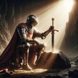 A knight kneeling near a sword stuck in a stone.