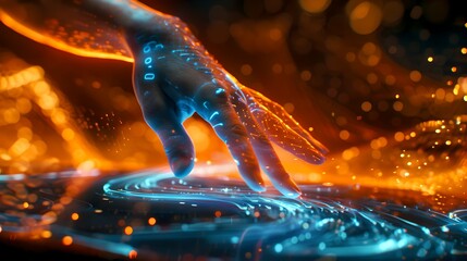 Aufkleber - Futuristic Digital World Concept with a Human Touch, Glowing Cyber Hand Interacting, Virtual Reality Interface. AI