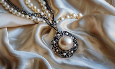 a pearl pendant necklace adorned with intricate metalwork laid out on a luxurious satin material background