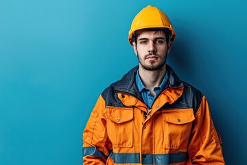 Portrait of young worker in helmet and safety vest on blue background