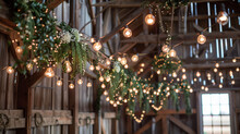 A Festive Barn Wedding Venue, With Rustic Wooden Beams Adorned With Strings Of Edison Bulbs And Garlands Of Greenery, Creating A Cozy And Romantic Atmosphere. 32k, Full Ultra Hd, High Resolution