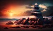 Stones Pyramid on the Seashore at Sunset Generative AI