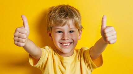 Portrait of happy smiling satisfied caucasian boy shows thumbs up looking at camera isolated on yellow background. 
Childhood, human emotions, lifestyle.

