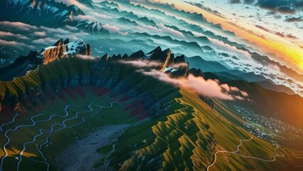 Wall Mural - Sunset illuminates mountain peaks with golden light casting long shadows over winding valley. Layered hills create majestic landscape.