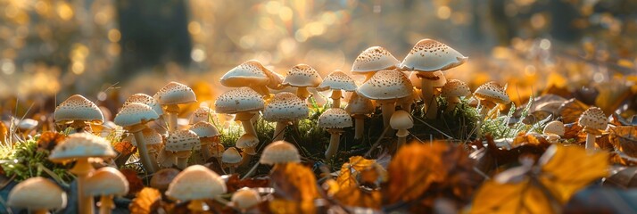 A magical foray into the forest  A closeup of fresh, autumnal forest mushrooms, weaving a narrative of nature's subtle beauties and the art of mushroom picking