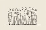 Fototapeta Sypialnia - One line drawing of business people standing in a huddle with their arms around each other A simple, minimalistic flat style cartoon hand drawn doodle with thick lines Generative AI
