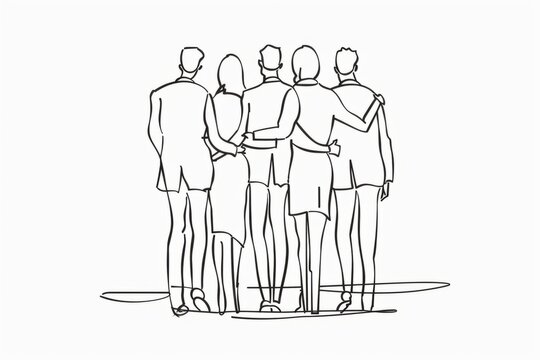 One line drawing of business people standing huddled together with arms around each other flat style cartoon with a hand drawn sketch on a white background Generative AI