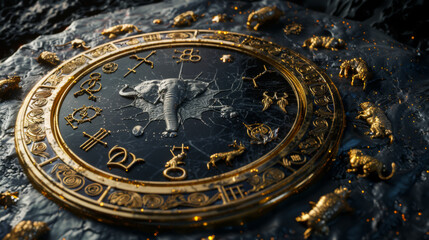 Zodiac sign horoscope circle on dark background. Creative background. Future concept.