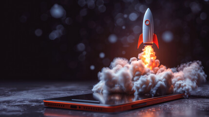3d Rocket taking off from mobile phone screen, white smoke with copy space, business speed growth concept