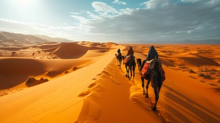 Poster -   A band of people journeying across a sandy desert on camel back, with mountains looming in the background