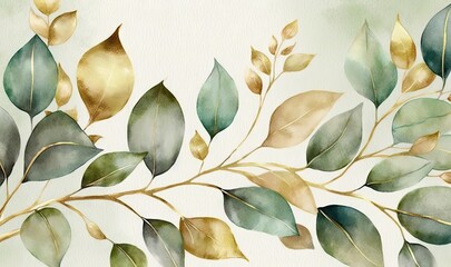 Wall Mural - Watercolor Seamless Border with Green Gold Leaves and Branches Generative AI