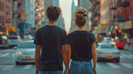 couple strolling down the city street holding hands in a cool gesture wearing black mockup t-shirts