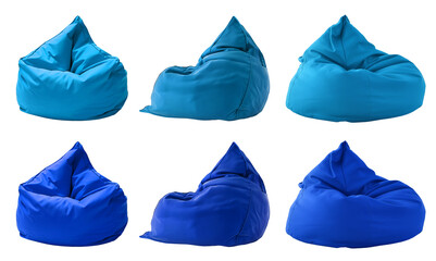 2 Collection set of dark light blue turquoise plain beanbag bean bag seat chair, front side view on transparent cutout, PNG file. Many angle. Mockup template for design