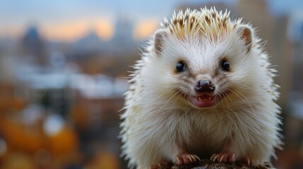 Sticker -   A small white hedgehog atop a wooden base faces a cityscape backdrop