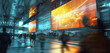 A futuristic, holographic billboard mockup at a central transportation hub, with blurred figures of commuters rushing by. 32k, full ultra hd, high resolution